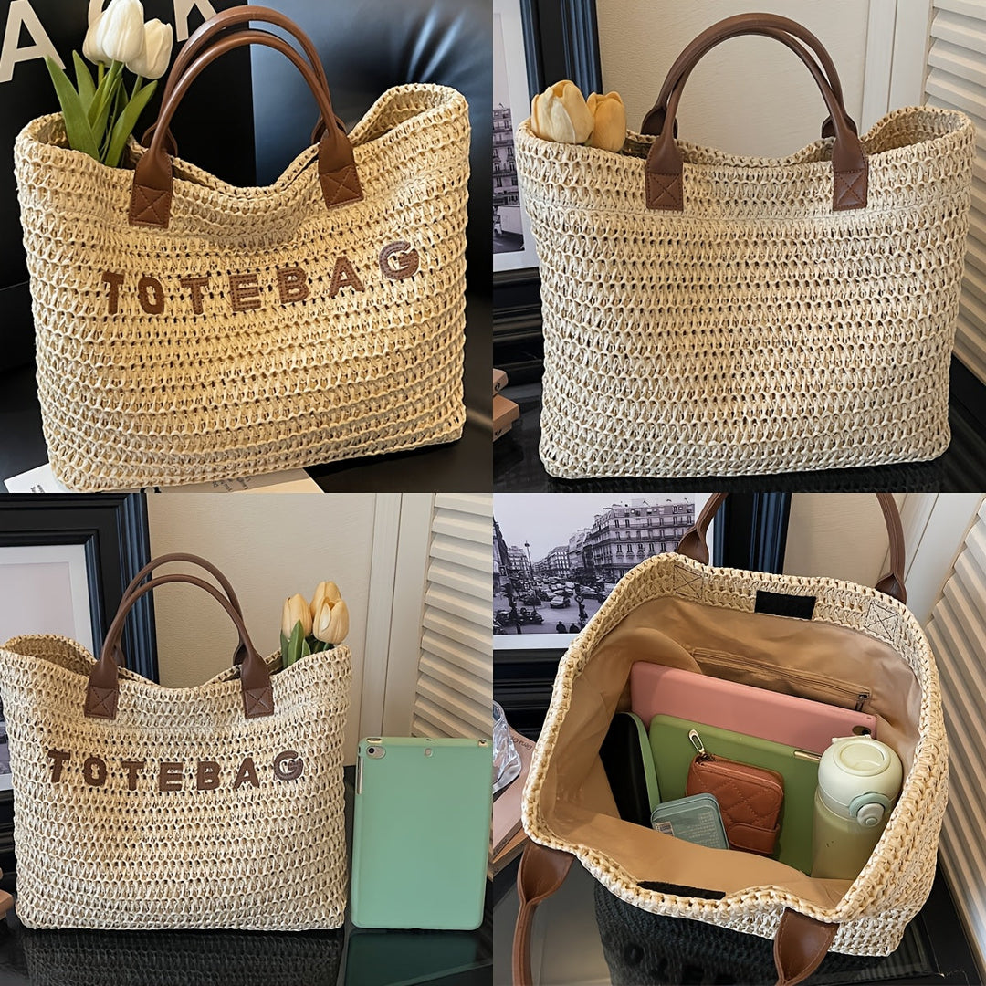 Earthy green woven everyday tote bag, robust design with genuine leather handles.