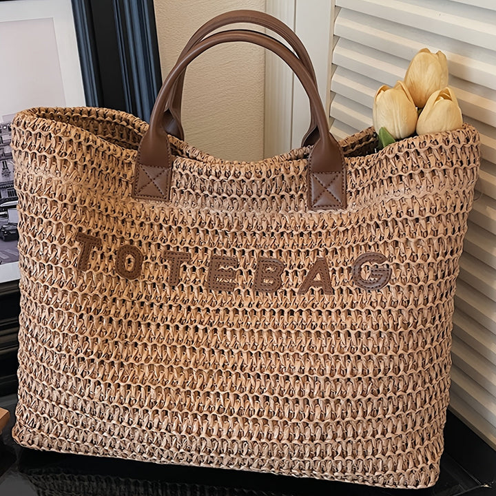 Versatile large woven tote bag with real leather handles, great for shopping or travel.