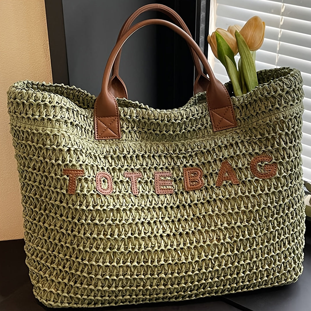 Handcrafted look beige woven bag, a roomy shoulder tote with elegant leather handles.