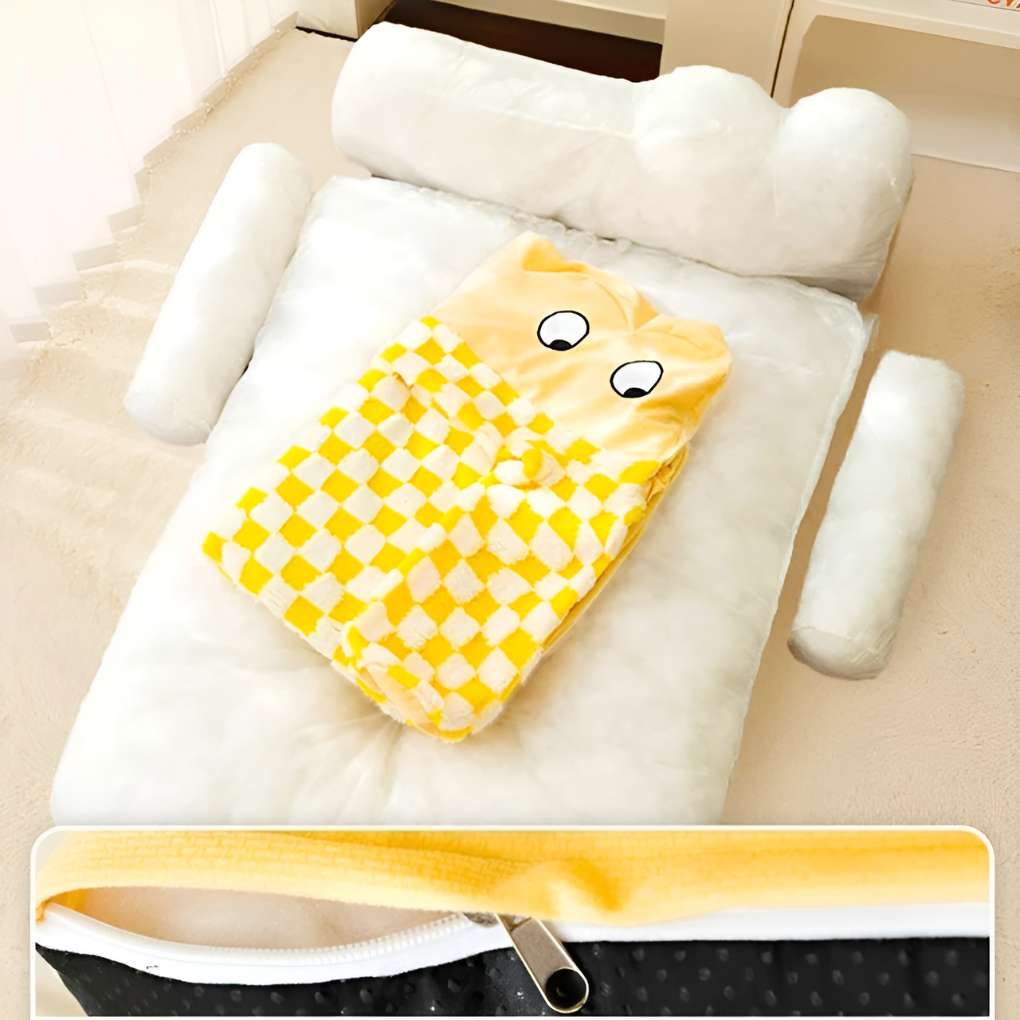 Large yellow dog sofa bed with bolstered sides and washable cover, perfect for big breeds seeking comfort.
