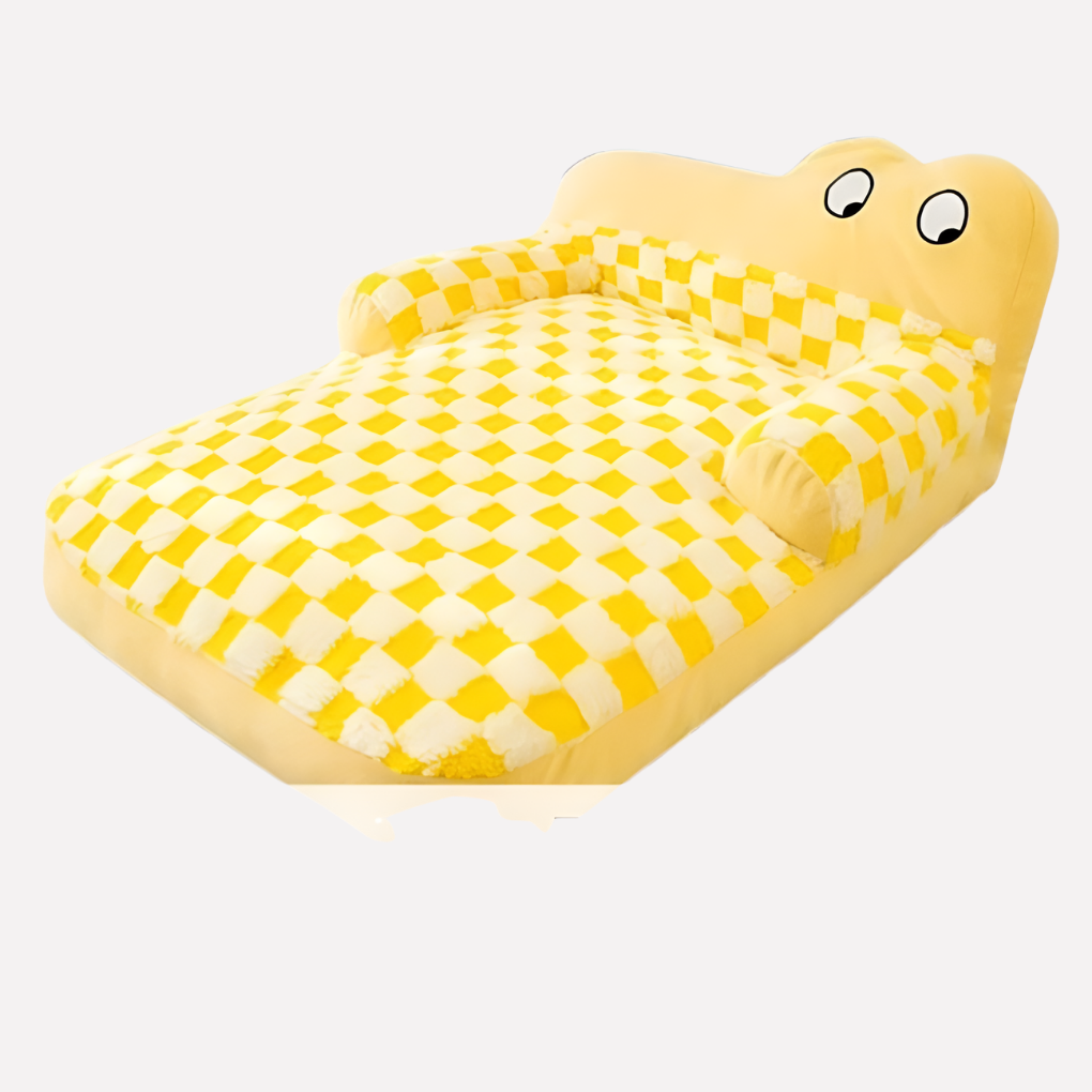 Supportive pet sofa in mustard yellow, durable and washable, designed for large dogs to relax.