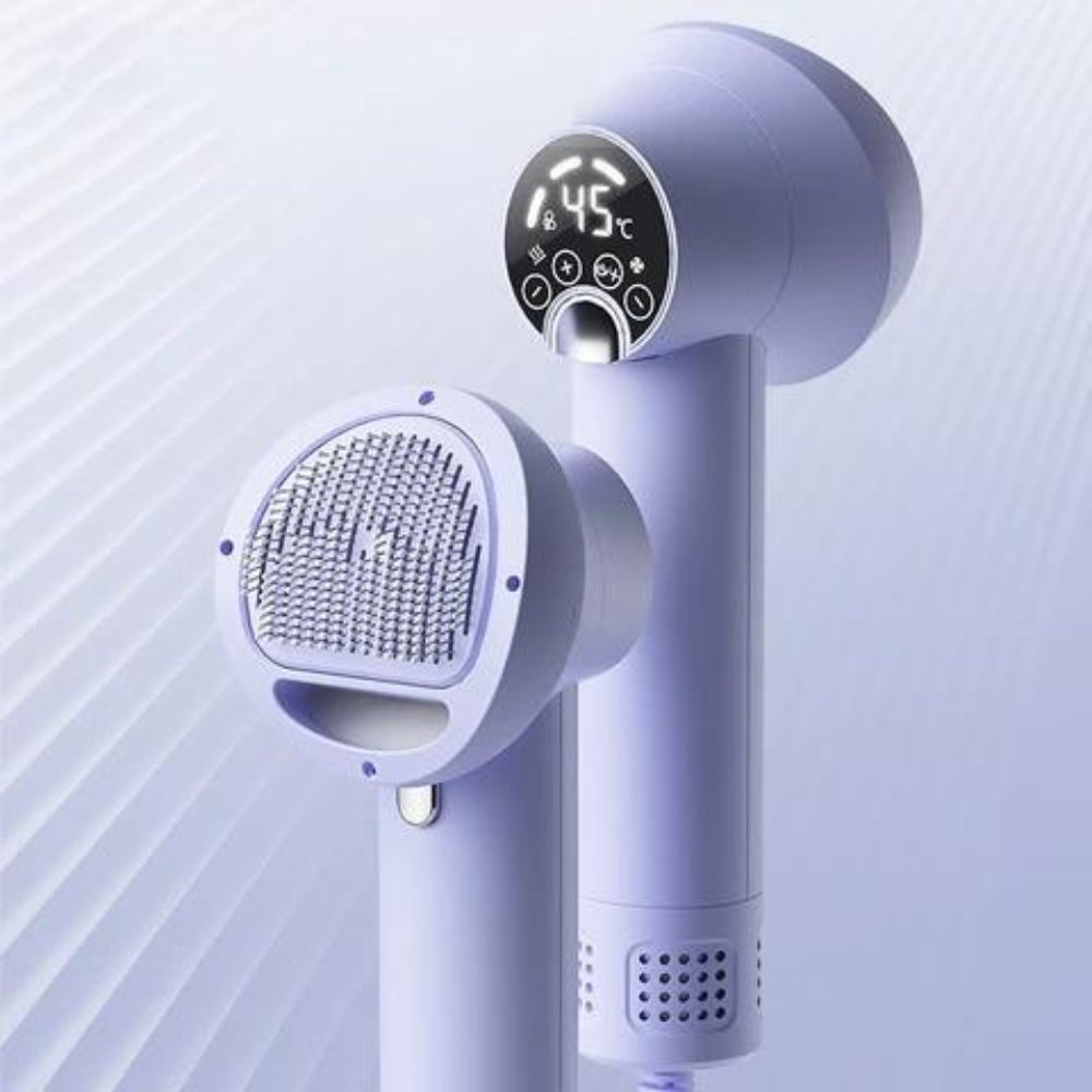 Lavender & white 2-in-1 pet hair dryer and grooming brush for dogs. Efficient dog care tool for quick drying.