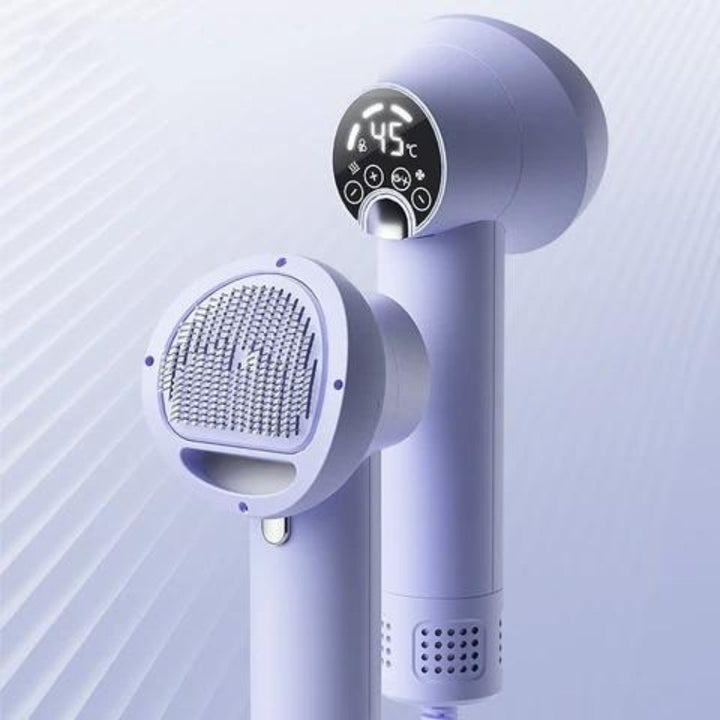 Lavender & white 2-in-1 pet hair dryer and grooming brush for dogs. Efficient dog care tool for quick drying.