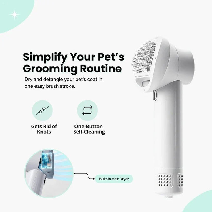 Dog hair dryer and brush combo, a white & lavender pet grooming tool. Ideal for efficient dog care and drying.