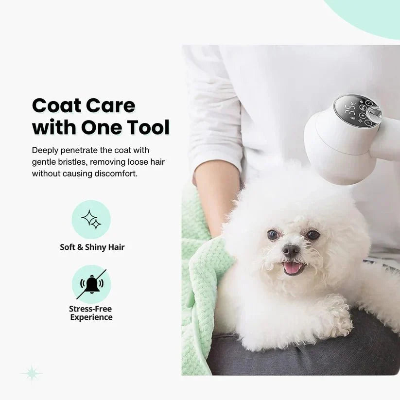 White & lavender animal dryer and brush for pet grooming. A powerful 2-in-1 tool for drying and de-shedding dogs.