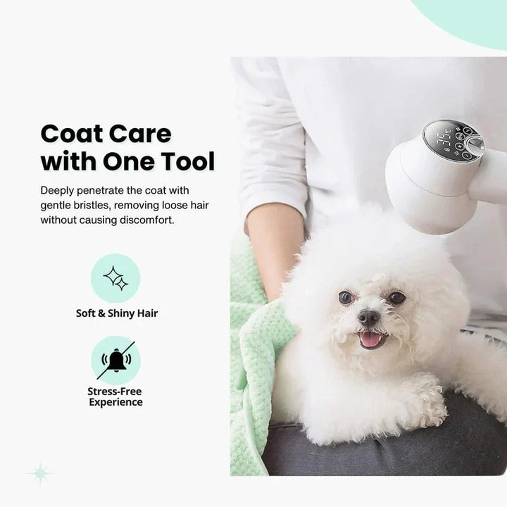 White & lavender animal dryer and brush for pet grooming. A powerful 2-in-1 tool for drying and de-shedding dogs.