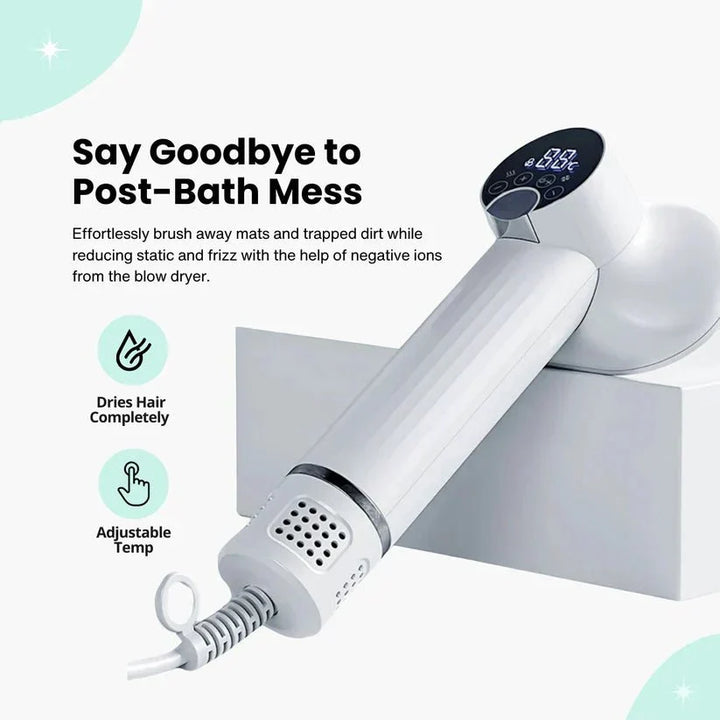 Gentle dog hair dryer brush for stress-free pet grooming. The lavender and white tool makes dog care easier.