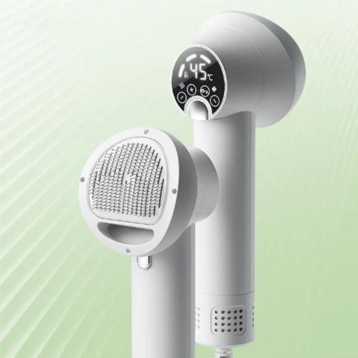 Innovative pet dryer with built-in brush for dogs. This lavender & white grooming tool ensures quick, professional care.