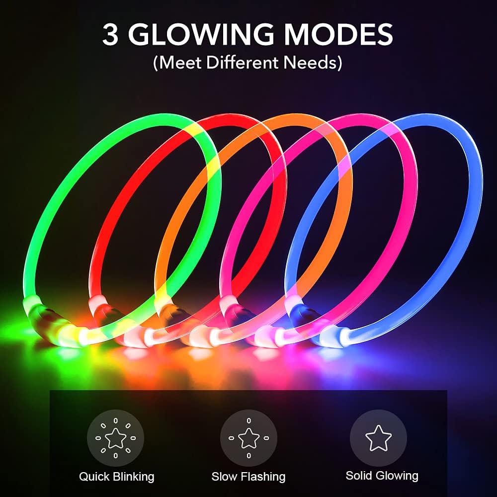 Bright LED dog collar, a rechargeable pet accessory designed for maximum night safety.