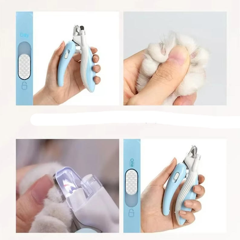 LED pet nail clippers for dogs and cats. Illuminated non-slip handle pet grooming tool.