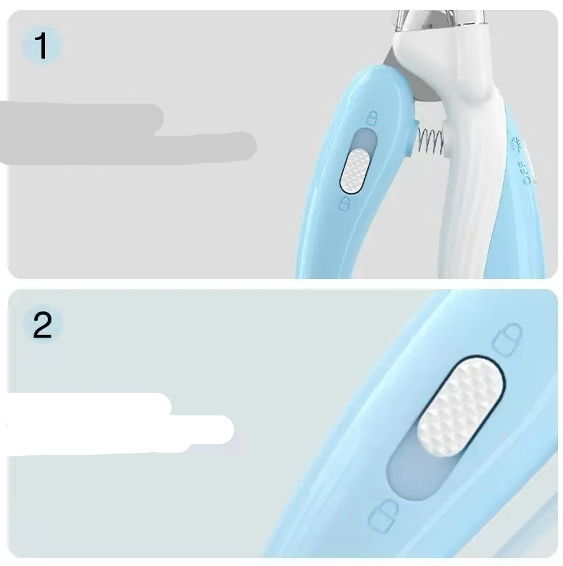 Close-up of LED pet nail clippers showing sharp blade and built-in light for pet grooming.
