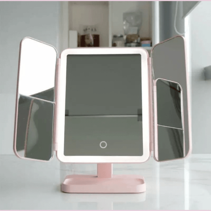 Tri-Fold LED makeup mirror with 3 adjustable light colors, perfect for different lighting conditions & makeup.