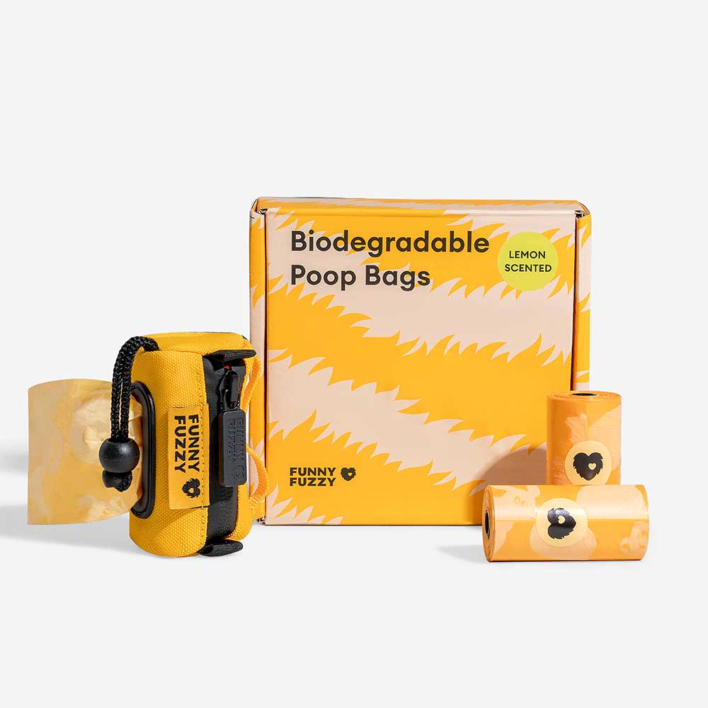 Variety of lemon scented biodegradable pet poop bags, designed for responsible dog cleanup