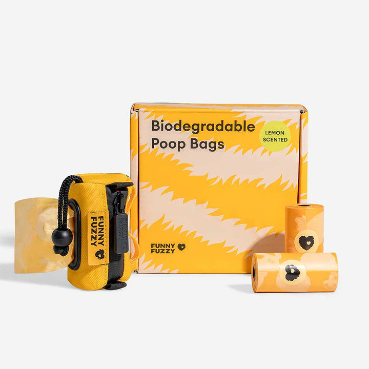 Variety of lemon scented biodegradable pet poop bags, designed for responsible dog cleanup