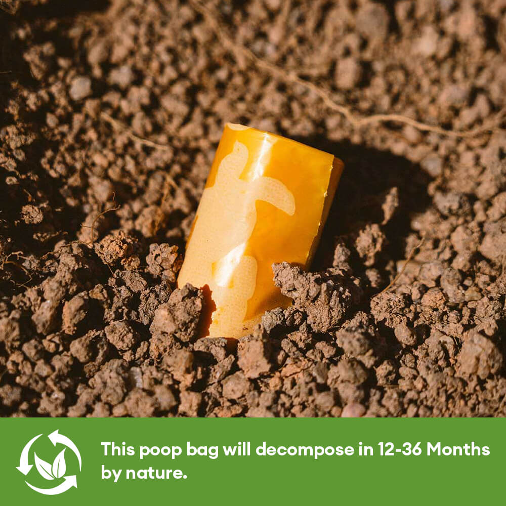 Close-up of lemon scented biodegradable poop bags, strong & leak-proof for dog cleanup