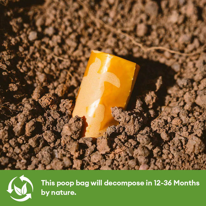 Close-up of lemon scented biodegradable poop bags, strong & leak-proof for dog cleanup