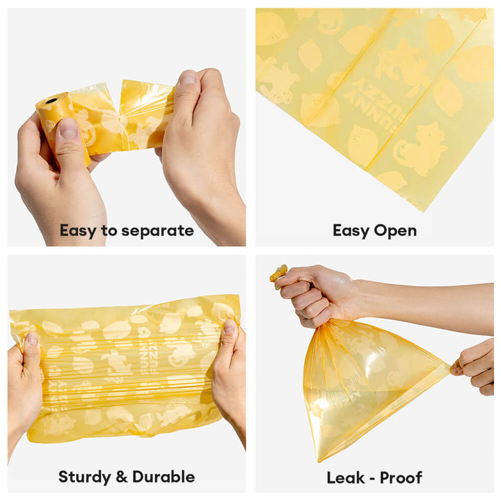 Dog owner using a lemon scented biodegradable poop bag with a dispenser, outdoor pet essentials