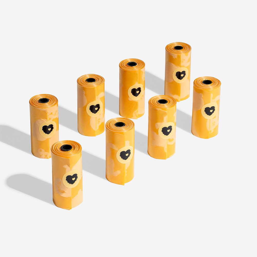 Detail view of a single lemon scented biodegradable dog waste bag, showing texture