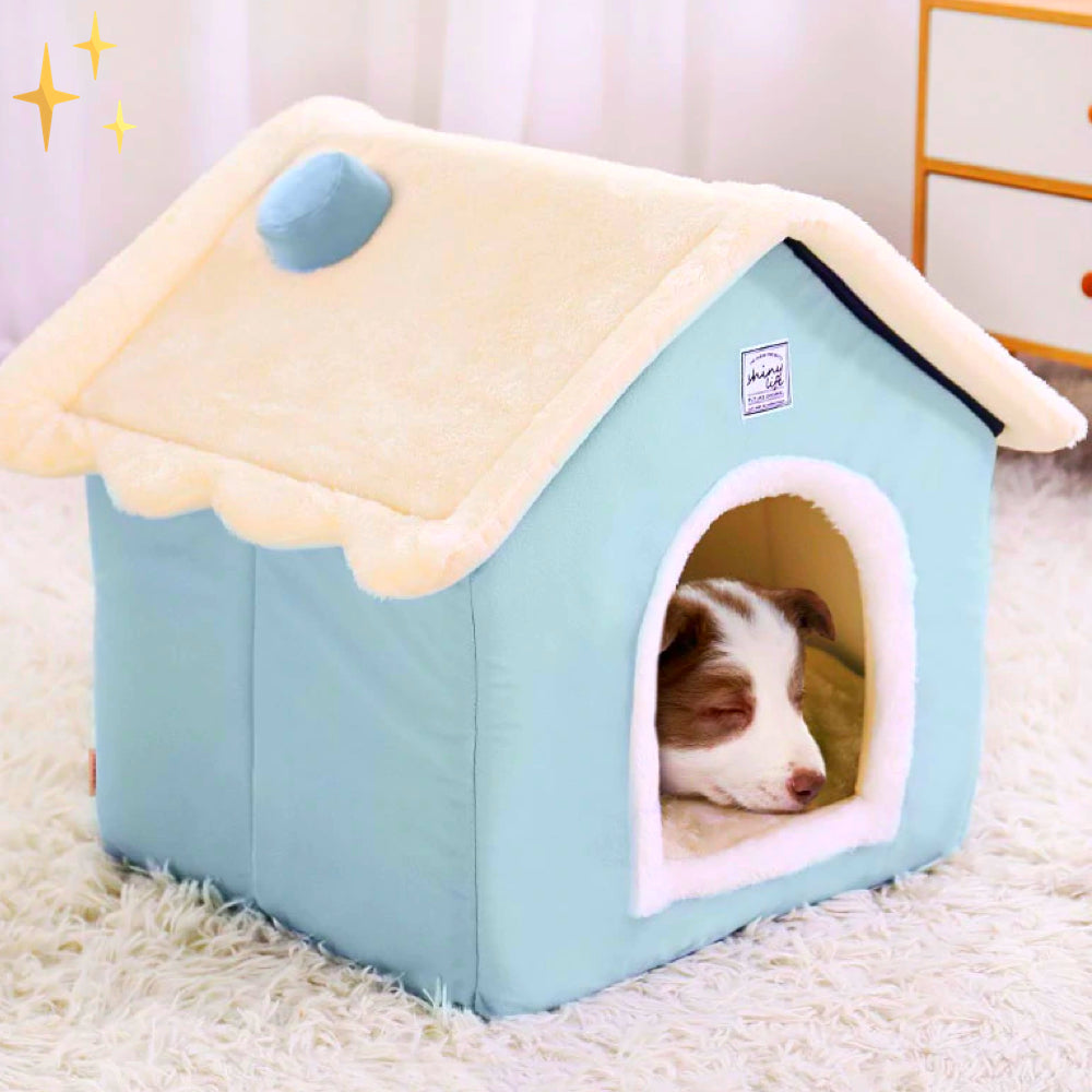 Light blue DreamNest pet house for dogs & cats, soft cozy bed for sleeping & comfort.