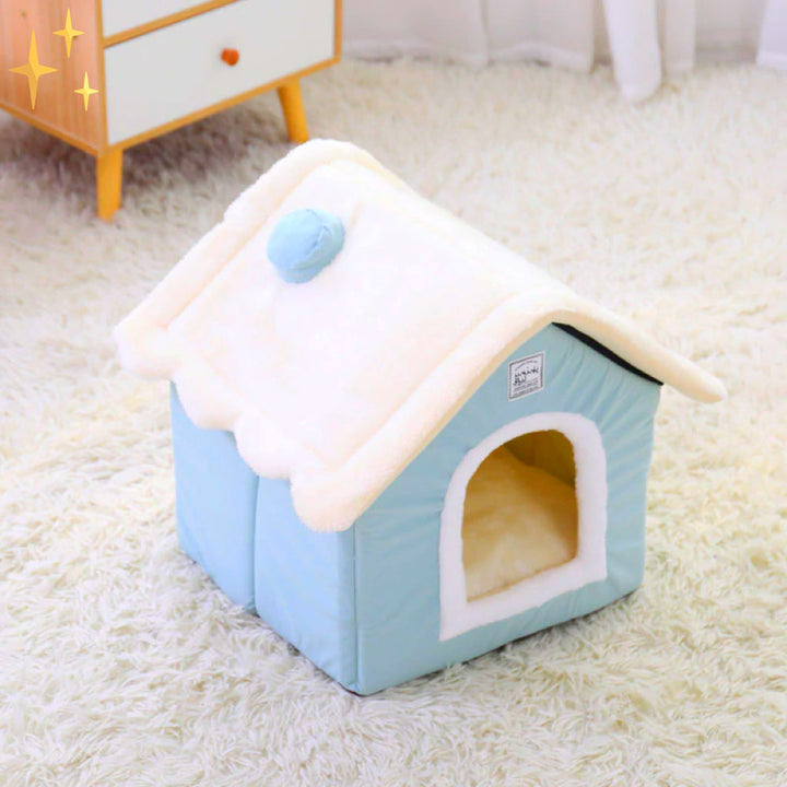 Soft DreamNest pet house in light blue, a comfortable & secure den ideal for small dogs & cats to rest.