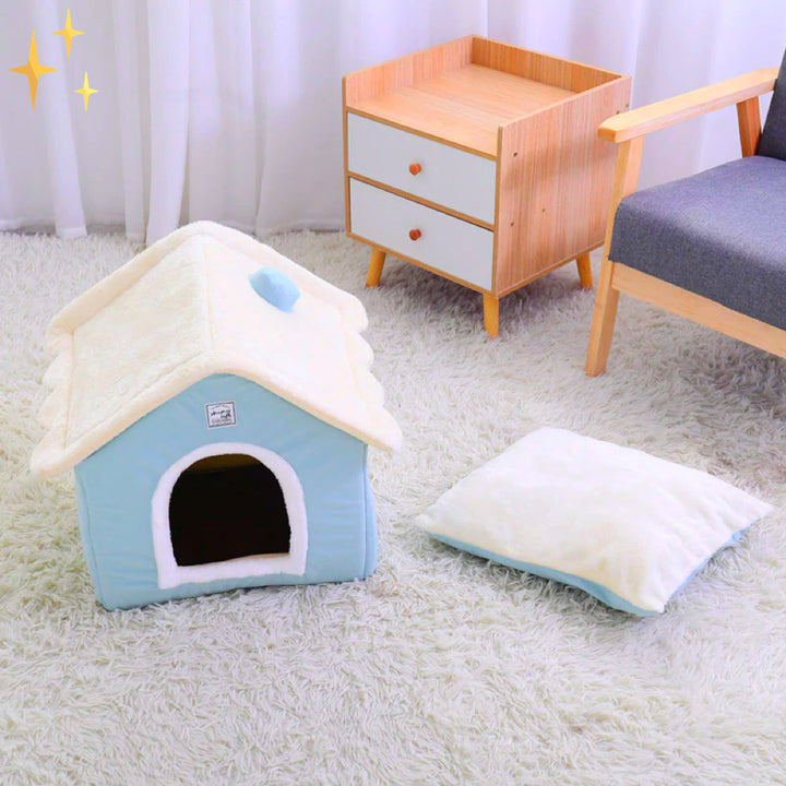 Secure light blue pet dream house for cats & dogs, offering a soft, cozy den for ultimate pet comfort.