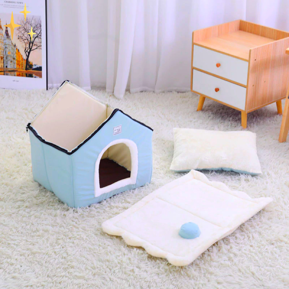 DreamNest soft pet home, a cozy light blue den serving as a comfortable dog bed or cat house for sleeping.