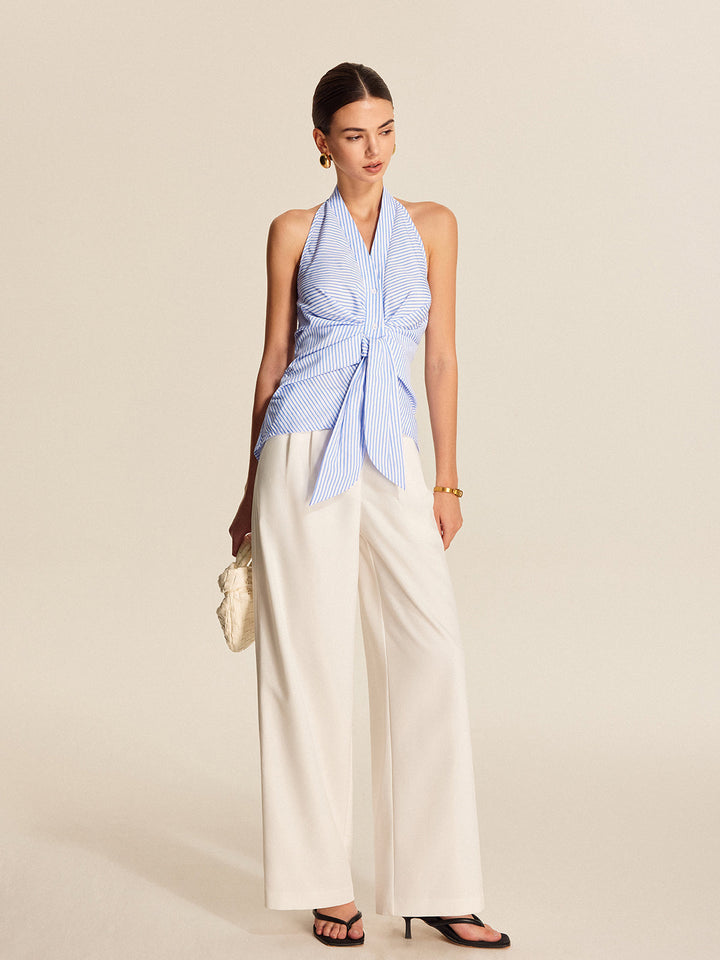 Professional light blue striped halter tie-front blouse, ideal for office attire and stylish workwear.