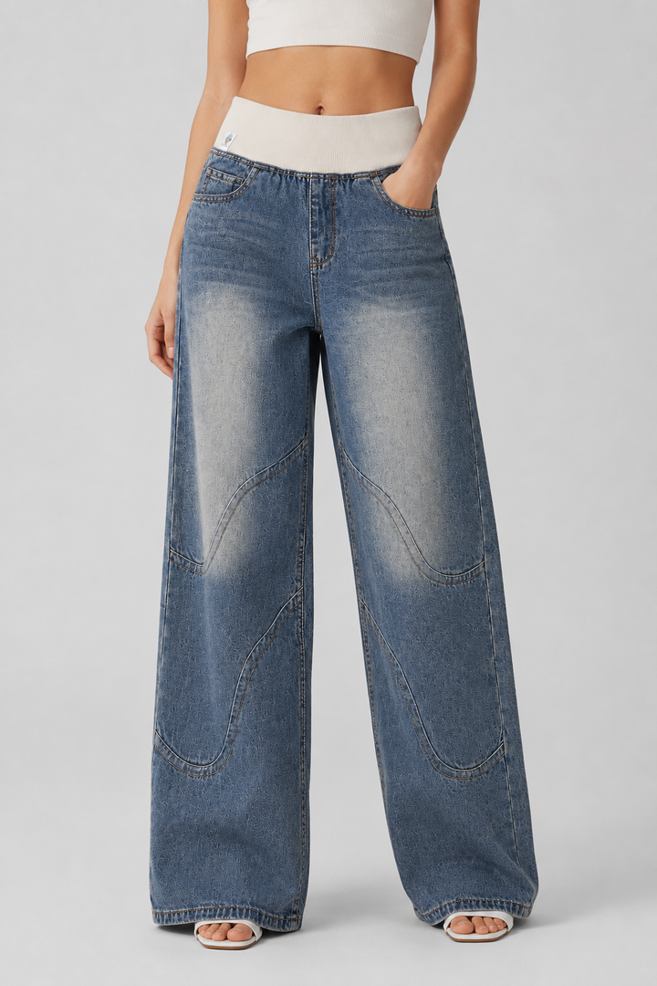Trendy light blue wide-leg jeans for women, offering a relaxed fit and effortless comfort for casual fashion.
