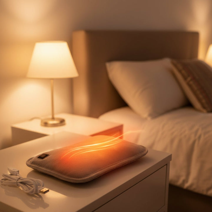 Light gray portable heating pad for muscle tension relief, ideal for back & neck pain therapy.