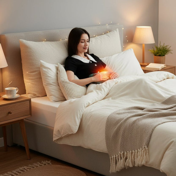 Green & light gray portable heating pad with adjustable heat for targeted muscle pain relief & warmth.