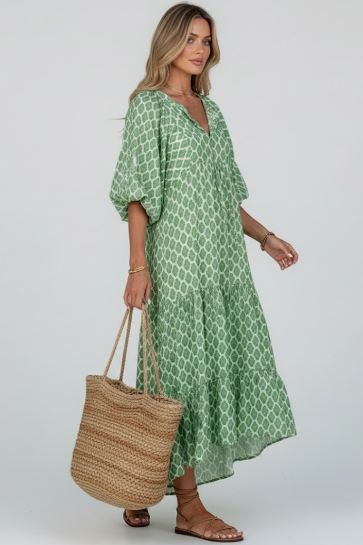 Women's casual V-neck short sleeve maxi dress in light green. Effortlessly stylish & comfortable for summer.