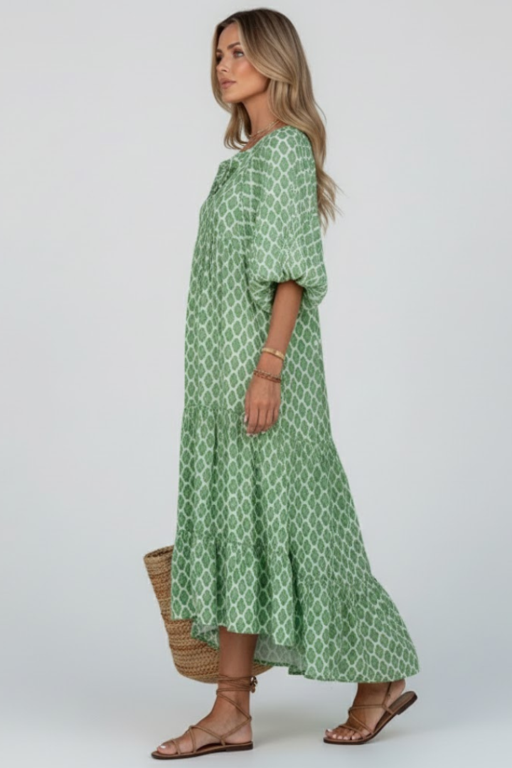 Flowy light & dark green V-neck short sleeve maxi dress for women. Comfortable, casual, & perfect for summer.