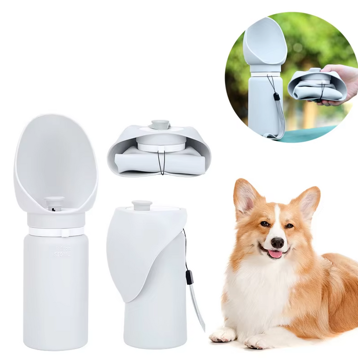 Light grey pet travel water bottle with foldable bowl, essential for dog hydration on the go.