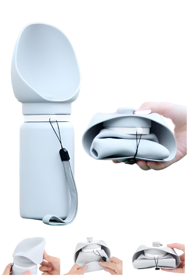 Lightweight grey dog water dispenser and travel pet bowl, ideal for walks and trips.