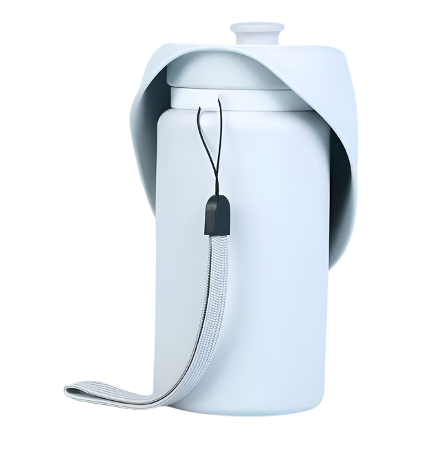 Durable pet water bottle in light grey with convenient foldable bowl for active dogs.
