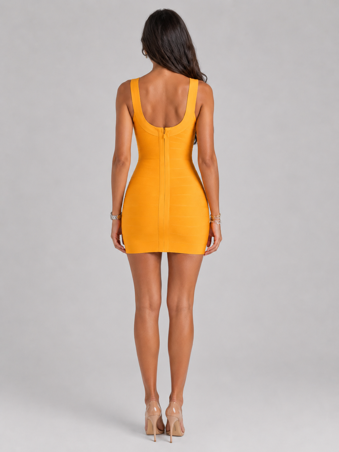 Women's light orange bandage mini, a flattering square neck homecoming or cocktail dress.