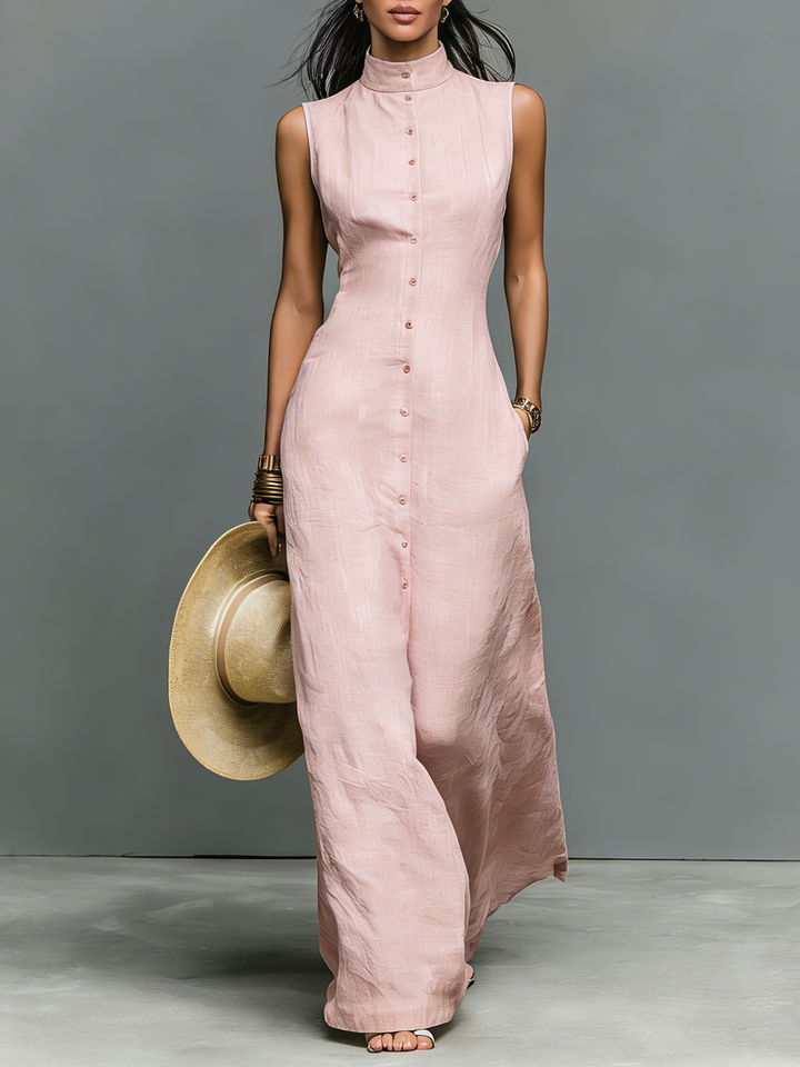 Light pink women's stand collar sleeveless maxi dress, effortlessly elegant for spring and summer casual wear.