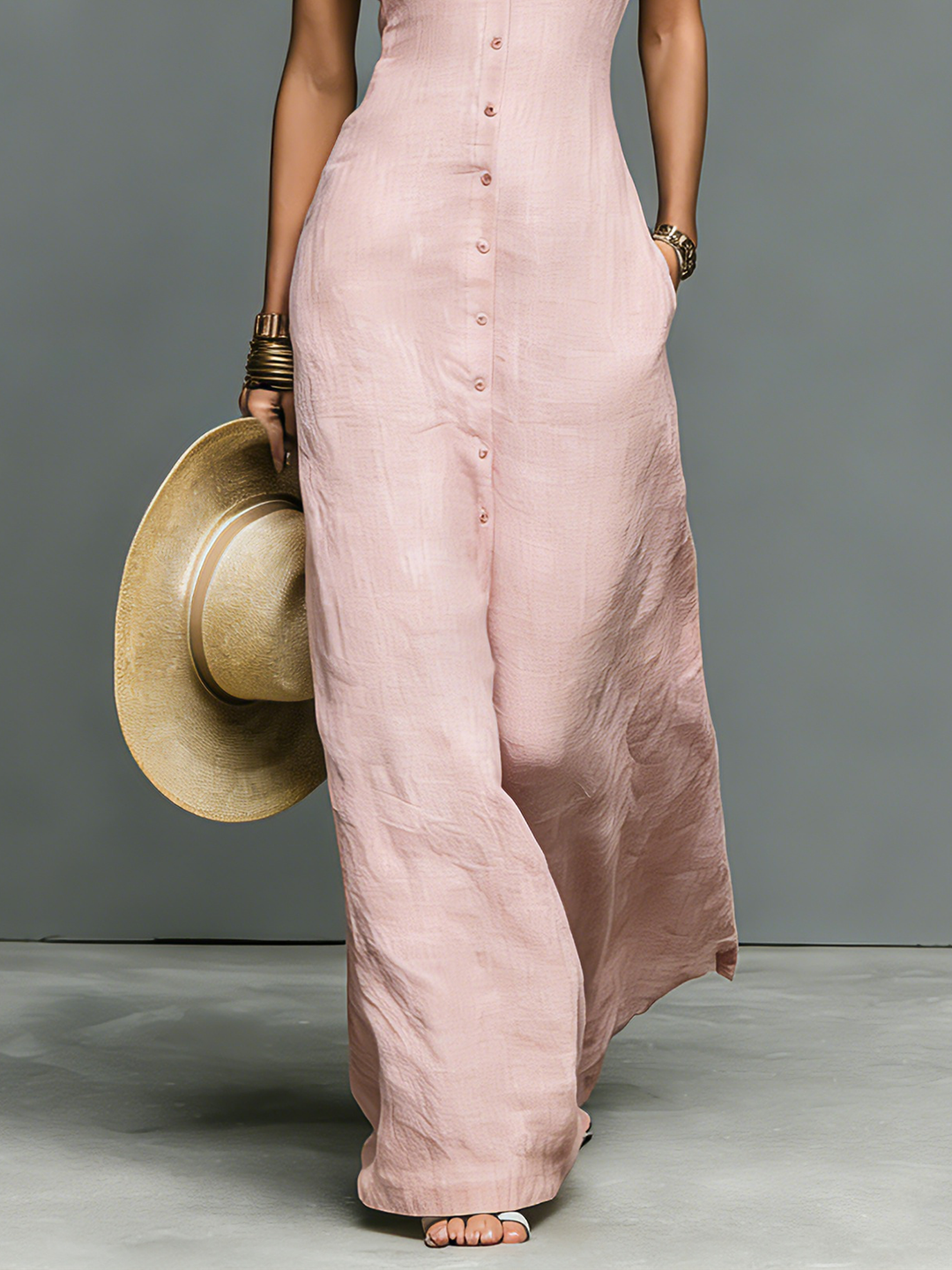 Women's elegant light pink stand collar sleeveless maxi dress, perfect for versatile spring and summer fashion.