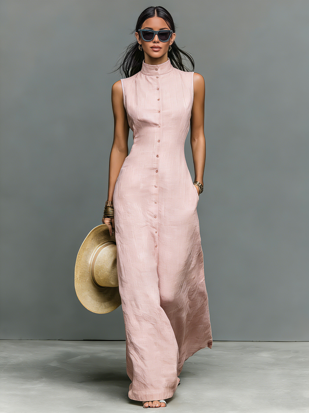 Minimalist light pink stand collar sleeveless maxi dress; a flowing, elegant choice for women's spring/summer fashion.