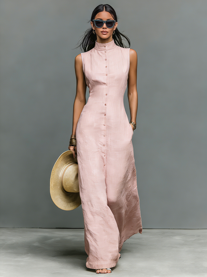 Minimalist light pink stand collar sleeveless maxi dress; a flowing, elegant choice for women's spring/summer fashion.