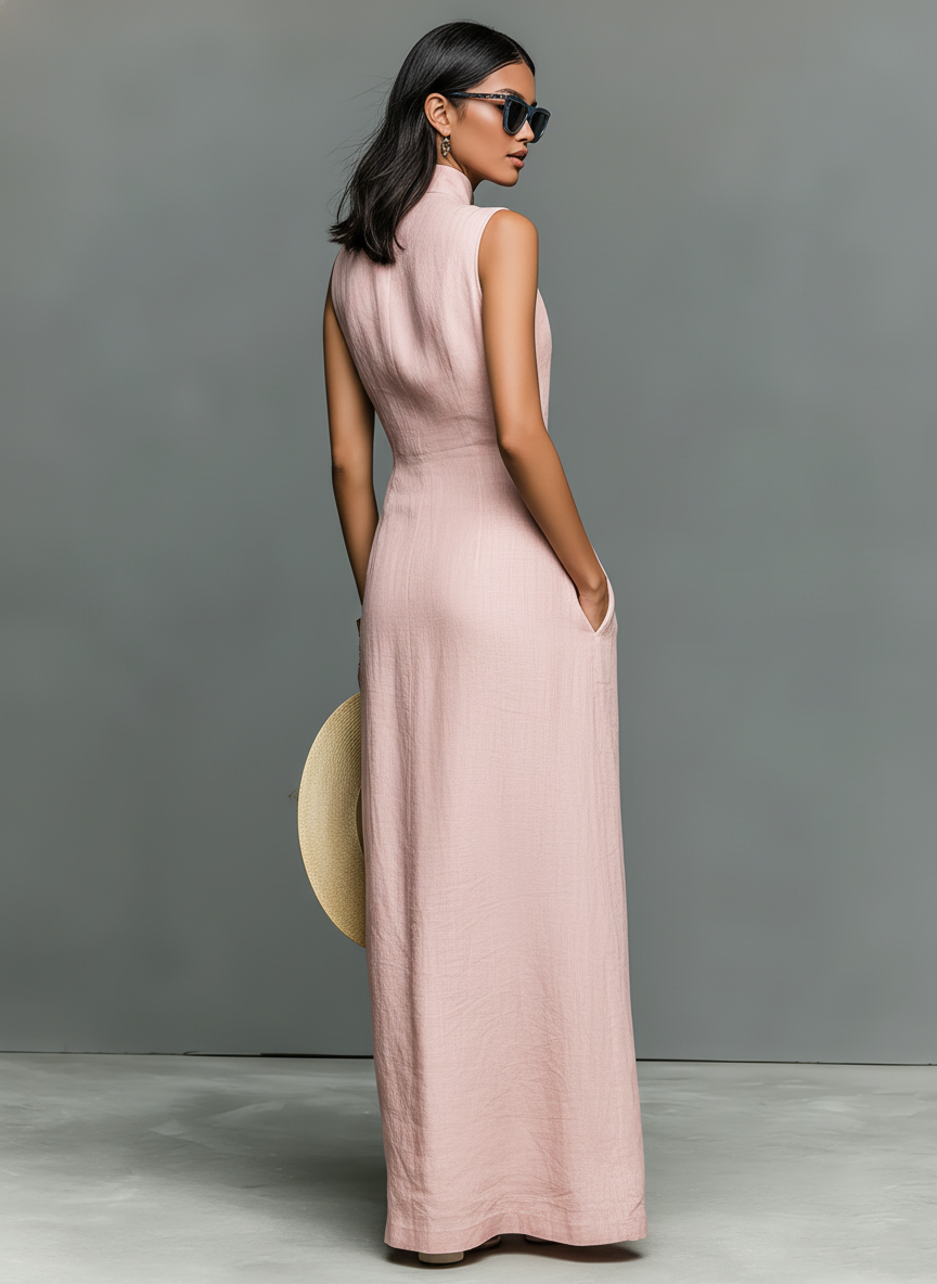 Chic light pink women's stand collar sleeveless maxi dress, offering effortless style for casual or elegant occasions.