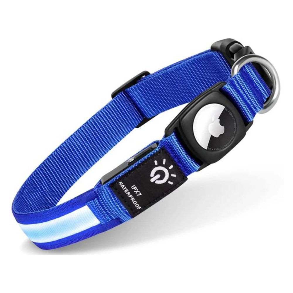 Durable LED reflective AirTag dog collar for night safety, pet tracking, and high visibility.