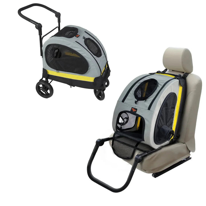 Light yellow portable pet stroller for small dogs & cats, 2-in-1 detachable carrier for pet travel.