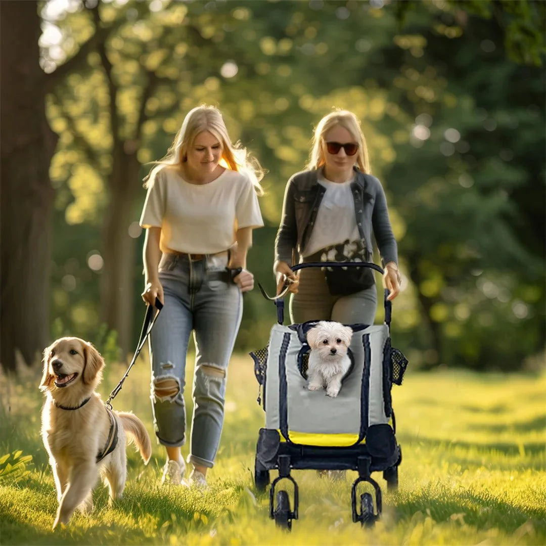 Detachable light yellow pet carrier and stroller system for safe, portable travel with small pets.