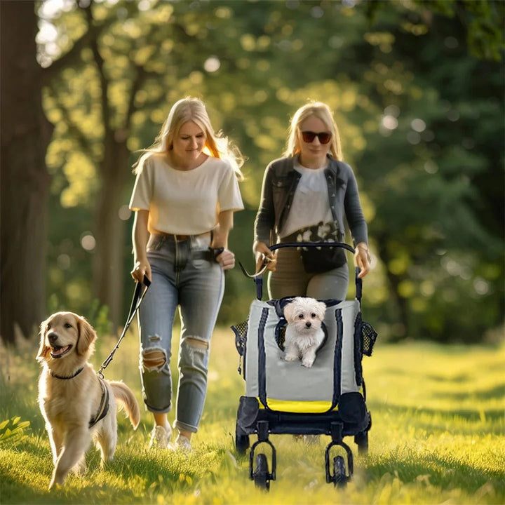 Detachable light yellow pet carrier and stroller system for safe, portable travel with small pets.