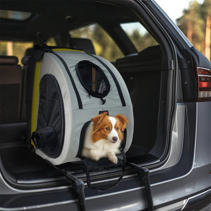 Portable light yellow pet stroller and cat carrier, versatile travel gear for small pets with safety features.