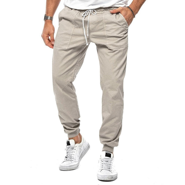 Casual men's stretch linen joggers, ideal for everyday style or athletic activities. Easy-care comfort bottoms.