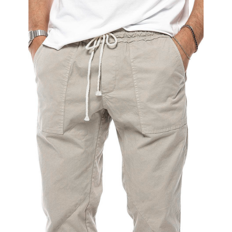 Easy-care lightweight men's joggers, 4-way stretch linen provides ultimate comfort & freedom of movement.