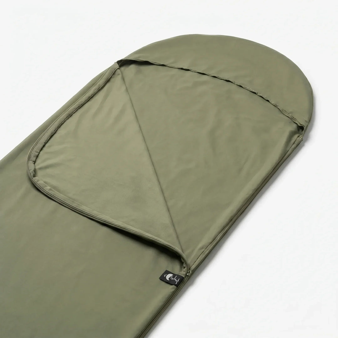 Portable, lightweight rectangular sleeping bag liner. Compact travel comfort sleep sheet for camping and hiking.