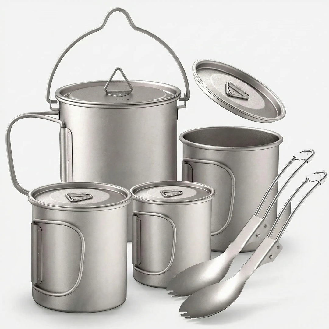Lightweight titanium camping cookware set for backpacking. Durable pot, mug & spork for outdoor adventures.